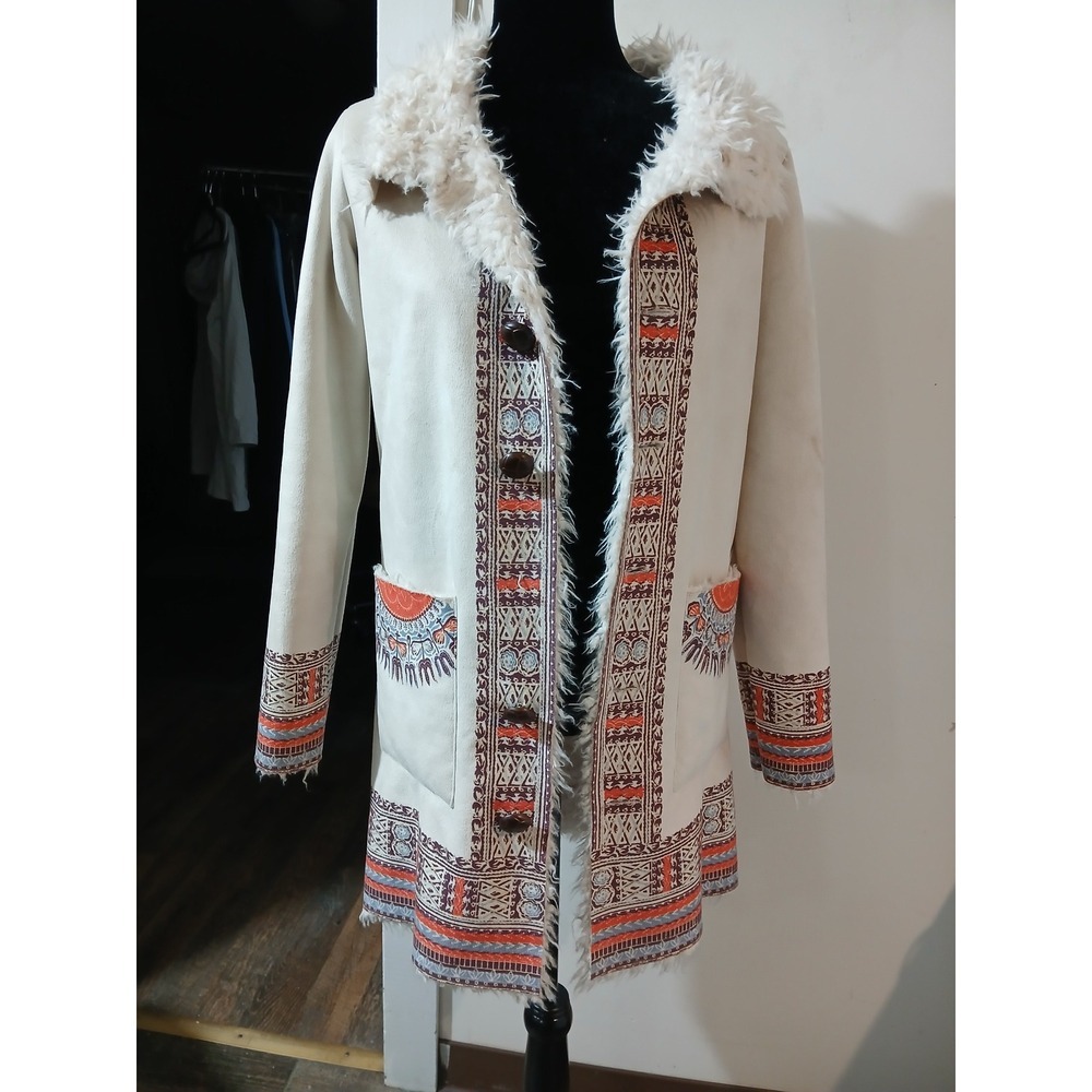 Billabong Womens Boho Faux Suede Tribal Print Faux Fur Trim Toggle Coat Cream S